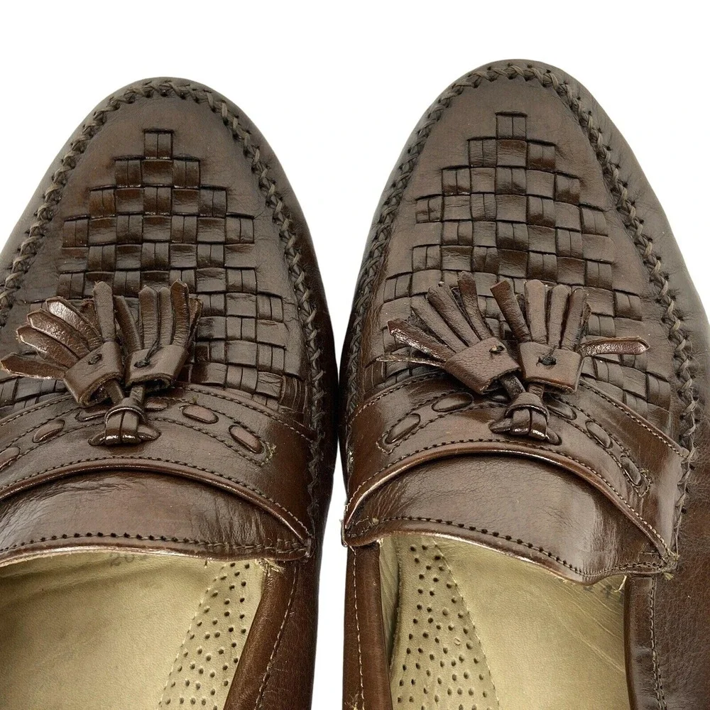 Florsheim Woven Tassel Leather Loafers 10.5 Brown Dress Shoes Career 30153